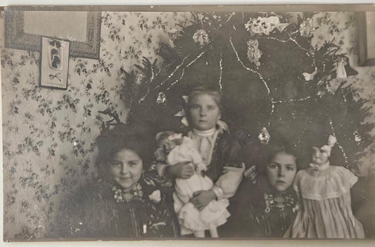 RPPC - 3 Little Girls with Dolls by Christmas Tree - 1920 Family Holiday Photo Postcard - Real Tree with Tinsel Christmas Decorations