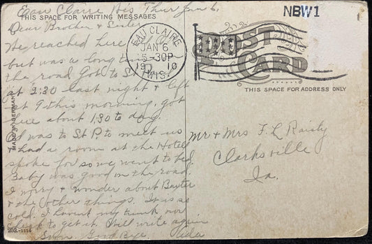 Front: New Barstow St. Bridge, Eau Claire, Wis. Back: Addressed to receiver Writing: NBW1 Mailed: Po