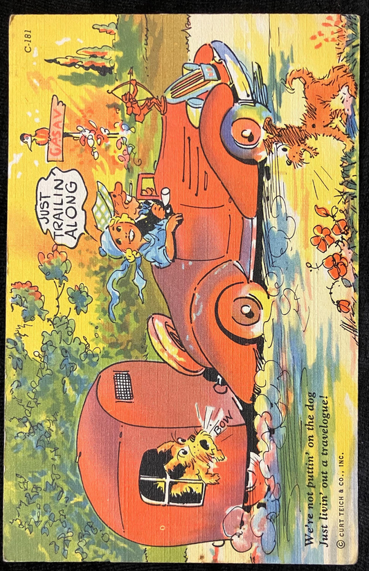 Cartoon Postcards - 1940s-50s - "Just livin' out a travelogue!" (card 1) - "I'm Down to Bare Essentials!" (card 2 )- Sold as a Set -Cartoons