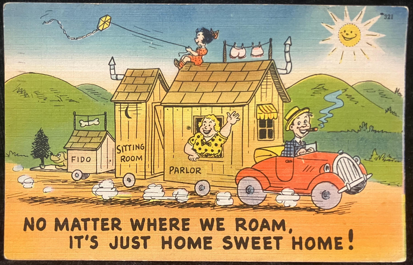 Cartoon Postcards - 1940s "I Didn't Get the Thrill [of Tunnel of Love]" - "No Matter Where We Roam, It's Just Home Sweet Home!"  2 card set