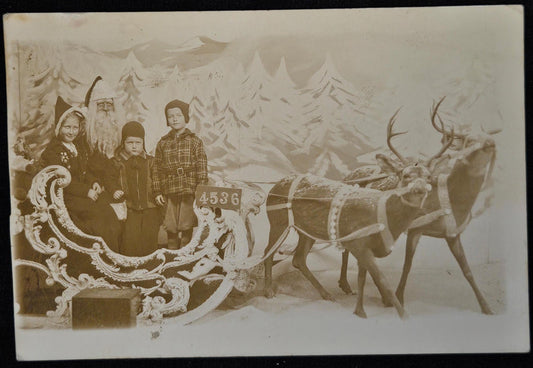 RPPC - 1930s US Post Office Photograph - Children Dressed for Winter in Sleigh -  Reindeer, Sleigh, and Winter Photo Backdrop - Sepia Tone
