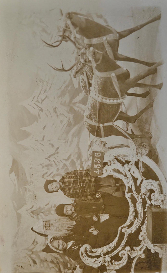 RPPC - 1930s US Post Office Photograph - Children Dressed for Winter in Sleigh -  Reindeer, Sleigh, and Winter Photo Backdrop - Sepia Tone