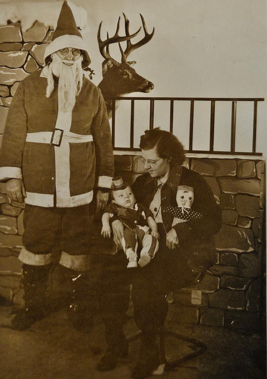 RPPC - Santa Claus with Mother and Baby - Taxidermy Deer in Background - Sepia Toned Christmas Photo Postcard from 1930s - Fun Photo Backdrop