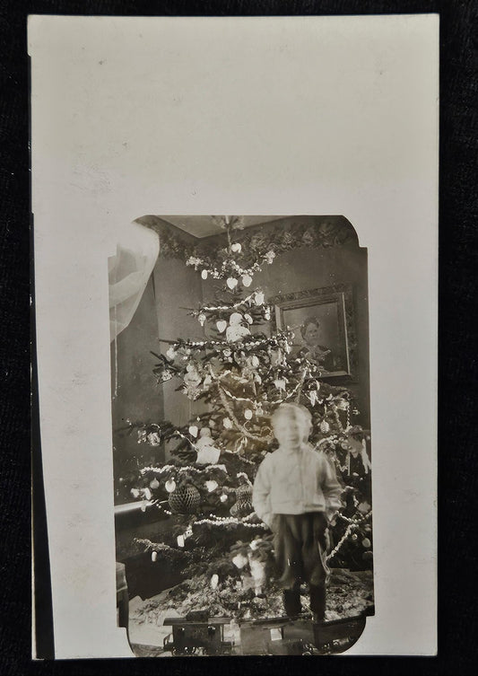 RPPC - Little Boy In Knickers by Christmas Tree with Toy Train - 1915 to 1920s Christmas Real Photo Postcard - Tree with Lots of Ornaments