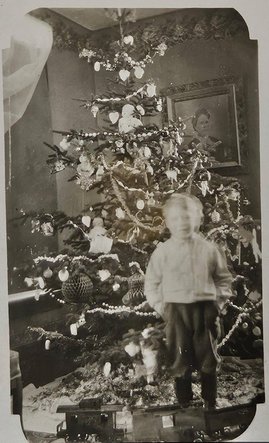 RPPC - Little Boy In Knickers by Christmas Tree with Toy Train - 1915 to 1920s Christmas Real Photo Postcard - Tree with Lots of Ornaments