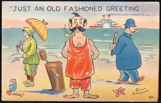 Eric Ericsson - Cartoon Postcard - 1940s-50s - "Just an Old Fashioned Greeting" - Vintage Beach Card
