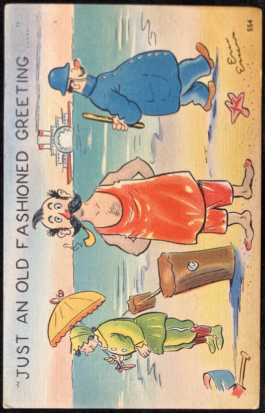 Eric Ericsson - Cartoon Postcard - 1940s-50s - "Just an Old Fashioned Greeting" - Vintage Beach Card