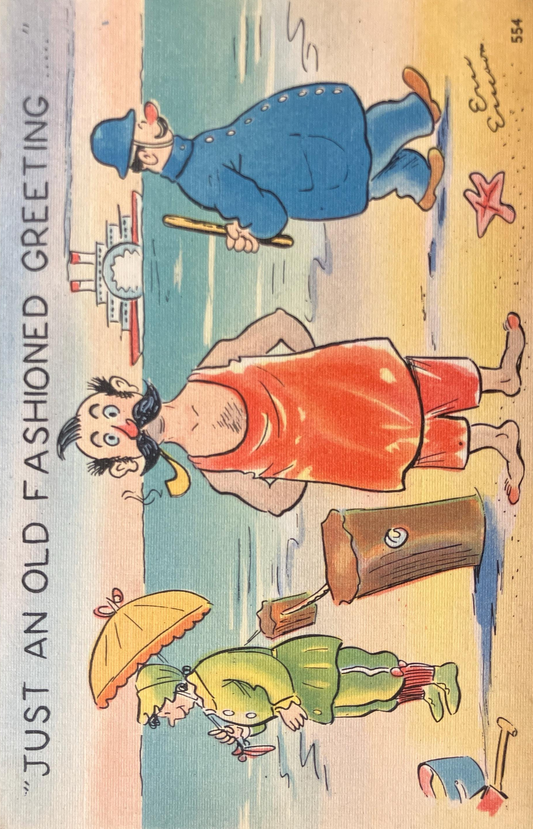 Eric Ericsson - Cartoon Postcard - 1940s-50s - "Just an Old Fashioned Greeting" - Vintage Beach Card