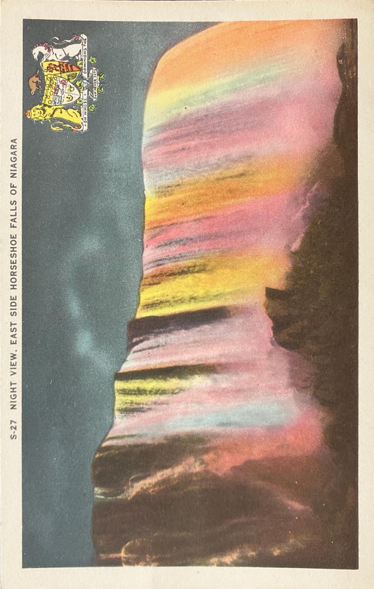 Night View - East Side of Horseshoe Falls of Niagara - Canadian Coat of Arms - Printed in Canada - Vintage Waterfall Postcard