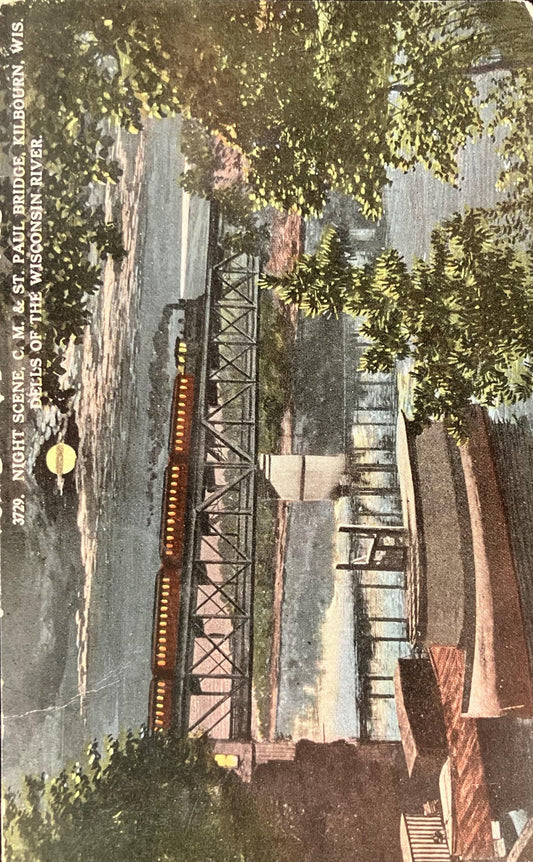 Night Scene - RARE - C. M. & St. Paul Bridge - Kilbourn, Wis. - Dells of the Wisconsin River -  Railroad Bridge Postcard - Rare Nighttime RR Photo