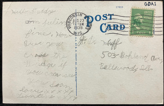 Front: Grand Ave. Bridge, Wisconsin Rapids, Wis. Back: Addressed to receiver Writing: GDA1 Mailed: P