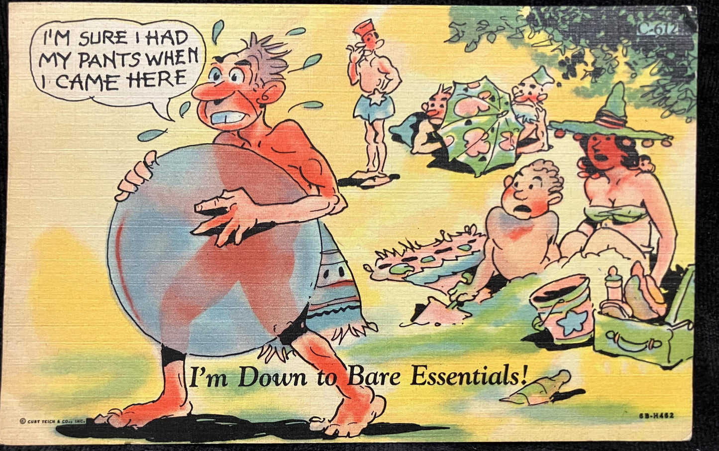Cartoon Postcards - 1940s-50s - "Just livin' out a travelogue!" (card 1) - "I'm Down to Bare Essentials!" (card 2 )- Sold as a Set -Cartoons