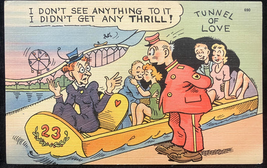 Cartoon Postcards - 1940s "I Didn't Get the Thrill [of Tunnel of Love]" - "No Matter Where We Roam, It's Just Home Sweet Home!"  2 card set