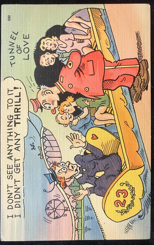 Cartoon Postcards - 1940s "I Didn't Get the Thrill [of Tunnel of Love]" - "No Matter Where We Roam, It's Just Home Sweet Home!"  2 card set
