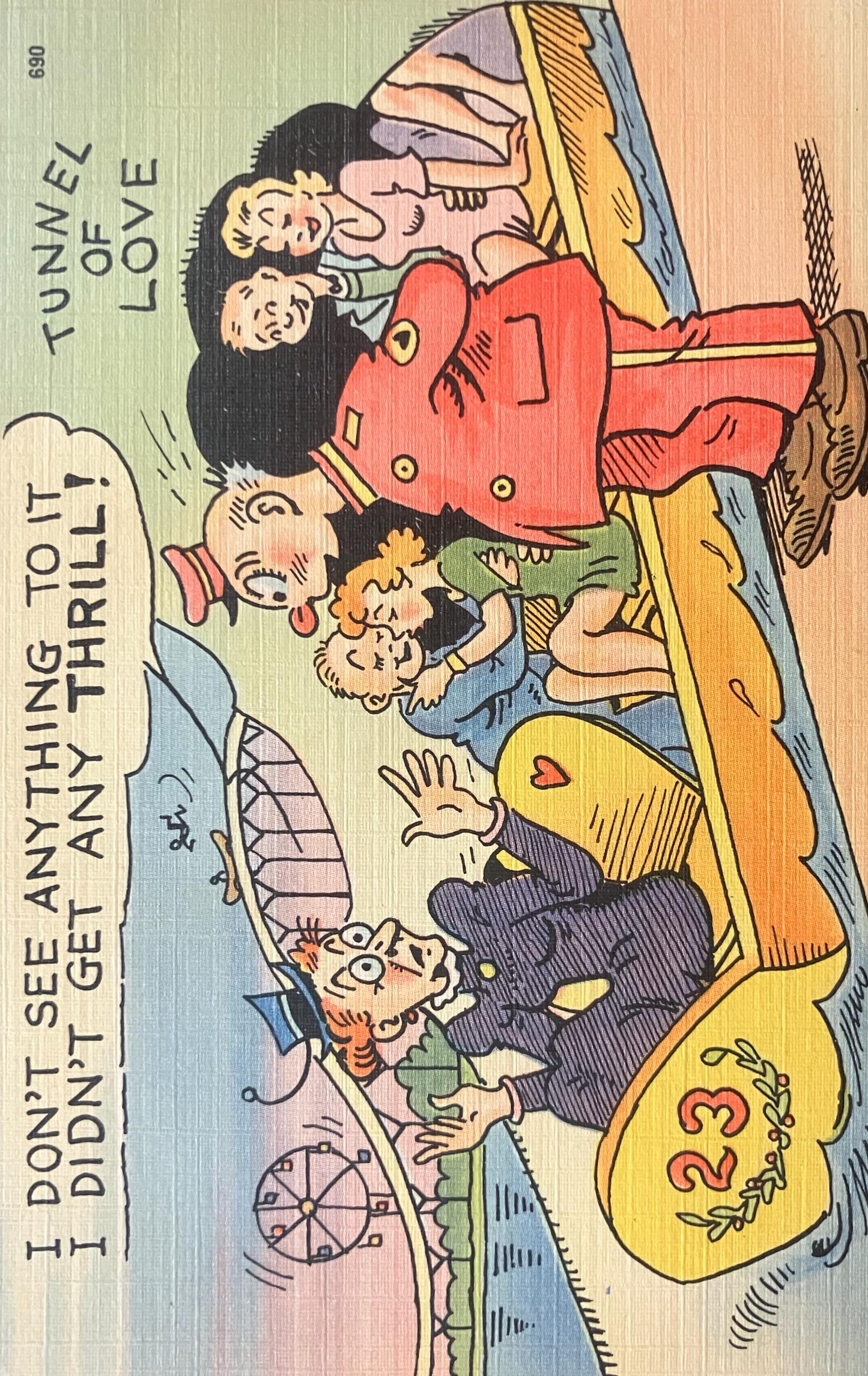 Cartoon Postcards - 1940s "I Didn't Get the Thrill [of Tunnel of Love]" - "No Matter Where We Roam, It's Just Home Sweet Home!"  2 card set