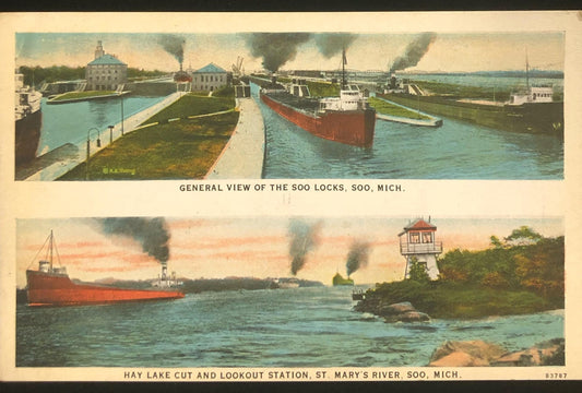 Soo Locks & Hay Lake Cut St. Mary's River, - Great Lakes Staemers in Early 1900 Vintage Postcard