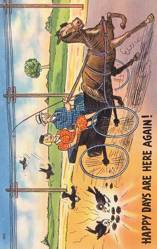 Cartoon Postcard - 1940s-50s - "Happy Days are Here Again" - Sold in Grayling, Michigan - Horse and Buggy with Crows - Vintage Joke Card