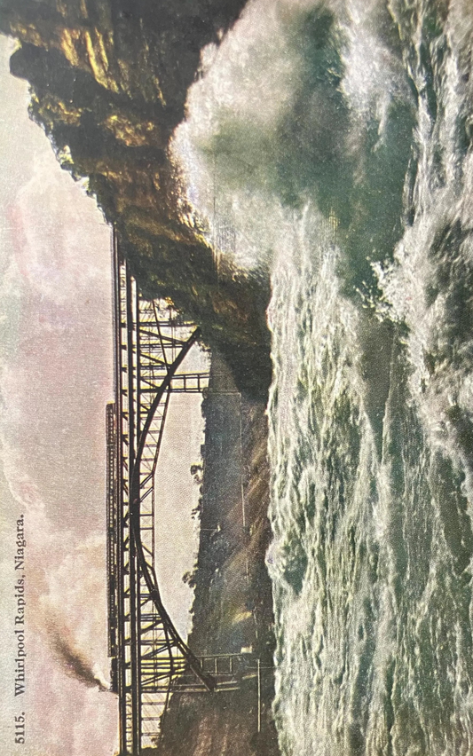 Whirlpool Rapids, Niagara, Steam Engine crossing Bridge, Early 1900s - Grand Trunk Single Arch Bridge near Niagara - Vintage Bridge Postcard