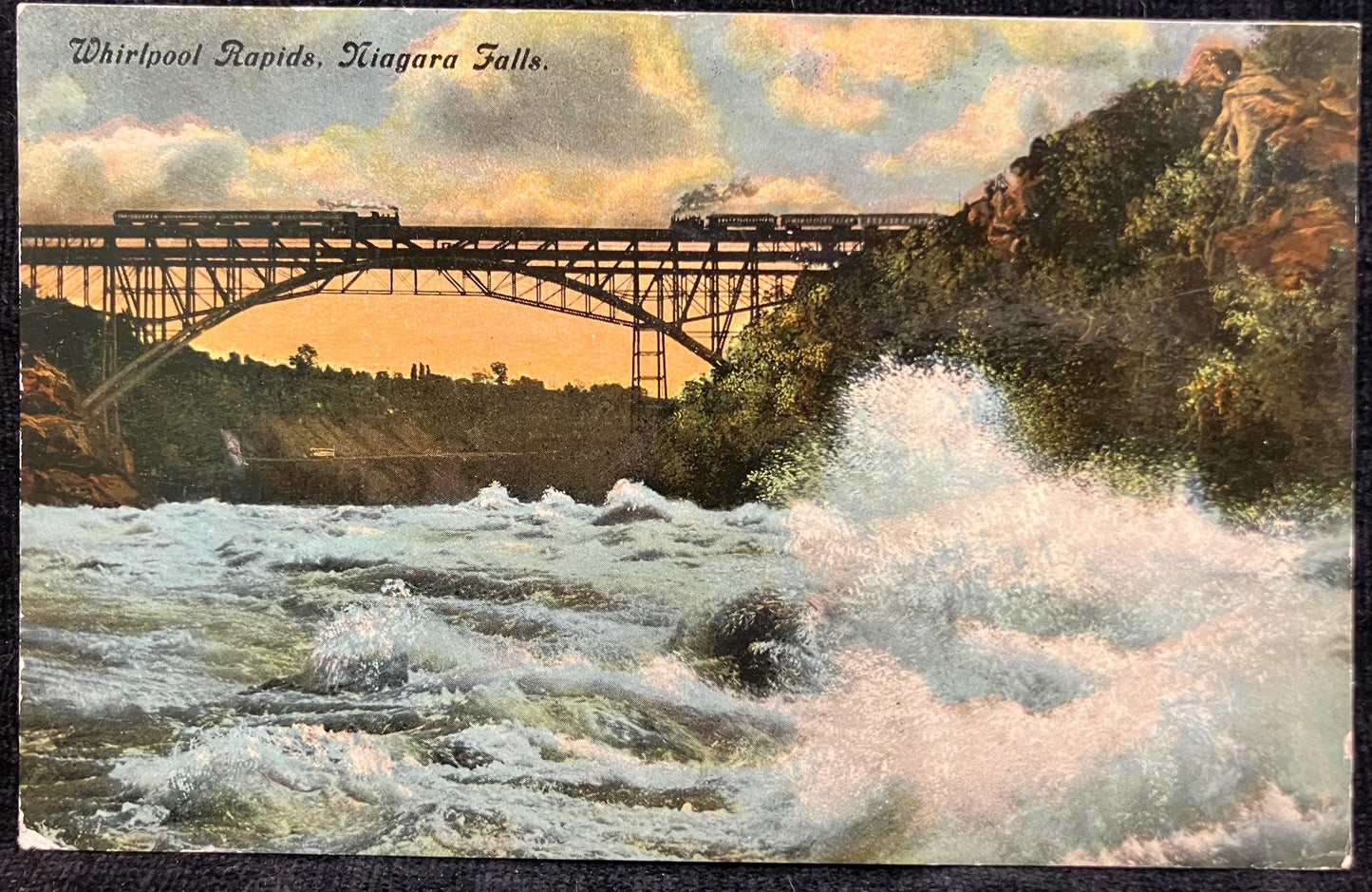 Whirlpool Rapids - Niagara - Vintage Bridge Postcard - Single arch Bridge of Grand Trunk Railway - 1910 -1915 Train Beginning to Crossing