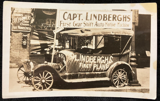 RPPC - Capt. Lindberghs First Gear Shift Auto Motive Machine - Kodak's Storefront in Background - Lindenberg's First Plane, Little Falls, Minnesota