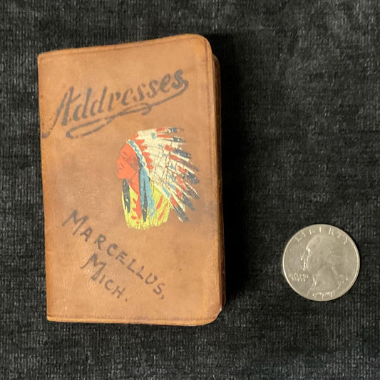 Mini Address Book Made by Indigenous People in Marcellus, Michigan -1930s Souvenir - Native American Made Leather Covered Book