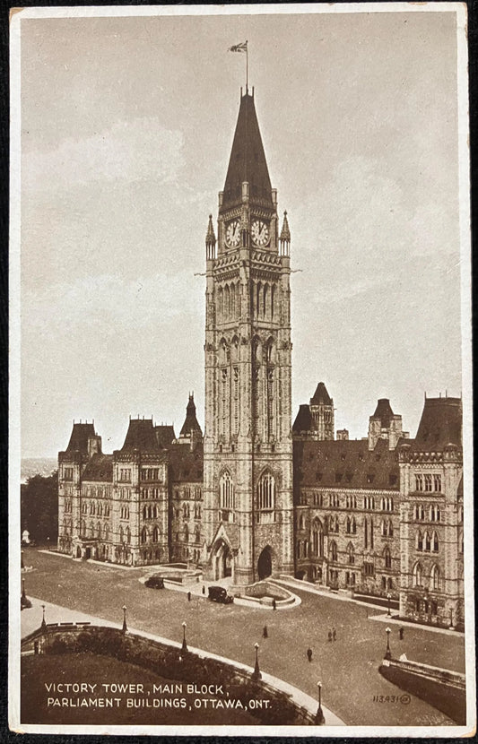 Victory Tower, Main Block, Parliament Buildings, Ottawa, Ontario - Canada - Printed in Great Britain - Vintage Government Postcard