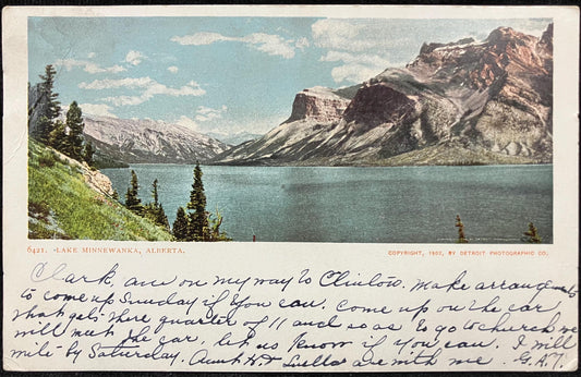 Lake Minnewanka - Alberta, Canada - Copyright, 1902, by Detroit Photographic Co. - Vintage Lake Postcard -mailed 1906 - address only backside