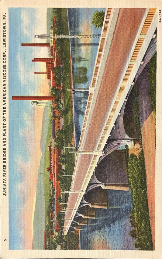 Juanita River Bridge and Plant of the America Viscose Corp. - Lewistown, Pennsylvania - 1944 Linen Postcard