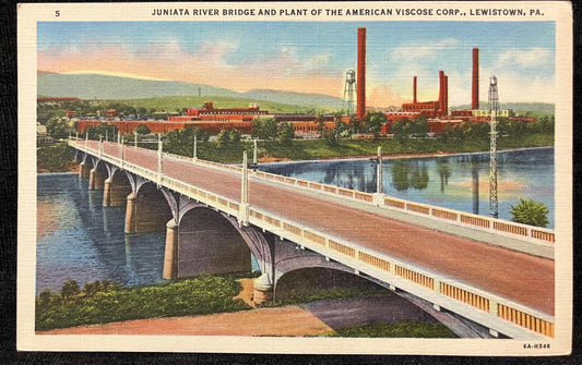 Juanita River Bridge and Plant of the America Viscose Corp. - Lewistown, Pennsylvania - 1944 Linen Postcard