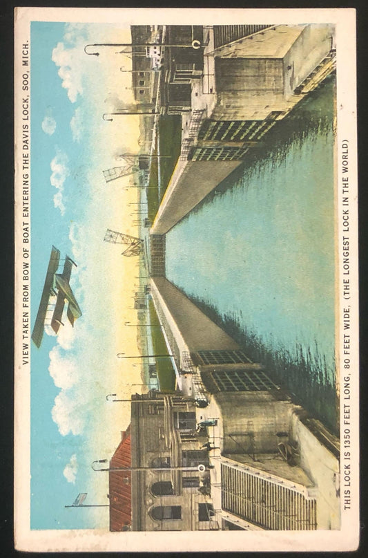 Davis Lock Soo Michigan, Green 1921 Washinton 1 Cent Stamp, with airplane Vintage Post Card