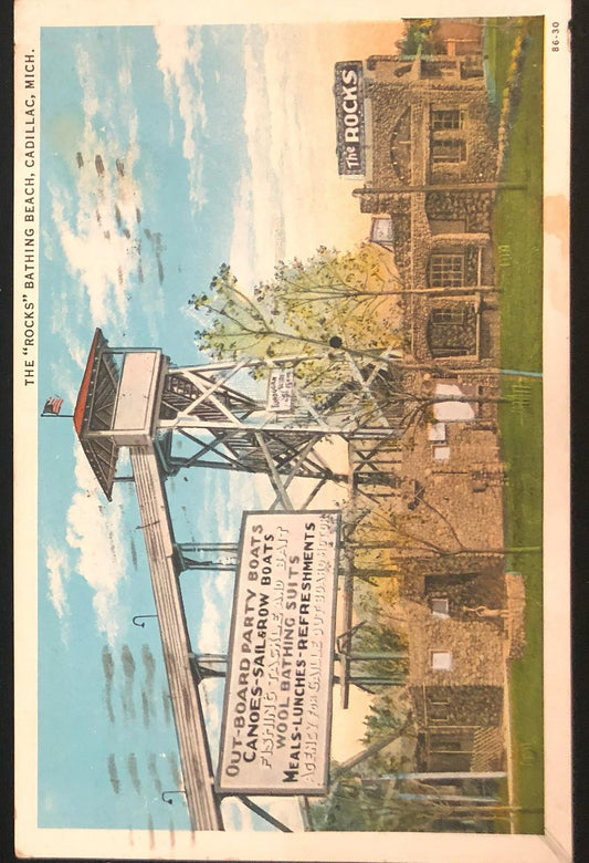 The "Rocks" Bathing Beach, Cadillac, Michigan - Vintage Postcard