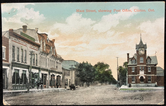 Main Street - Showing Post Office - Clinton, Ont.,  Canada. - Printed in Great Britain - 1909 Postcard
