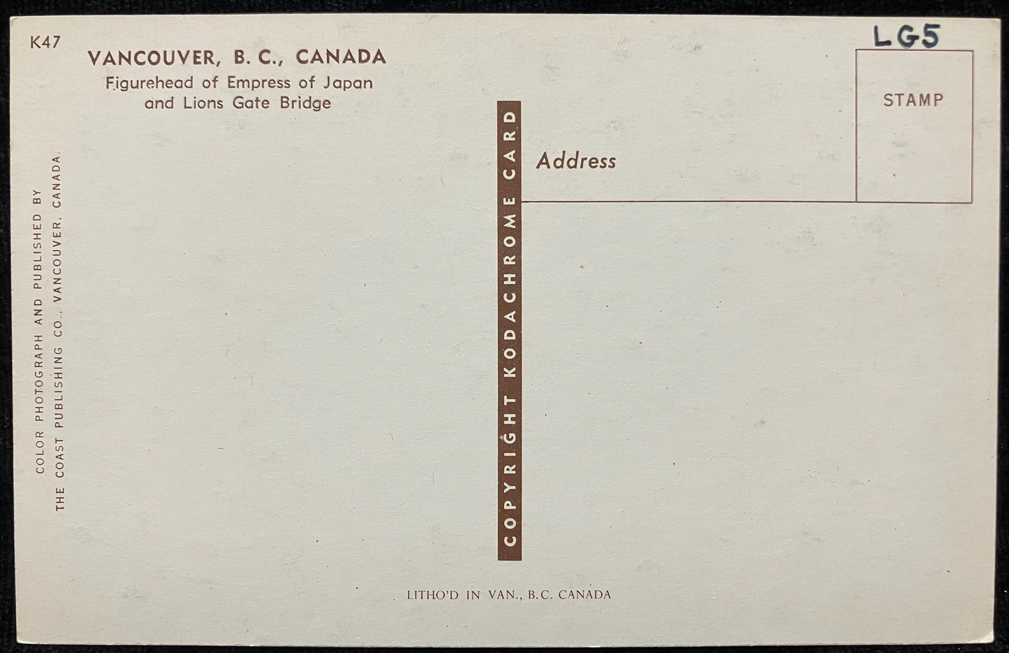 Figure of the Empress of Japan - Lions Gate Bridge - Vancouver, B.C., Canada - Made in Canada - Vintage Bridge Postcard
