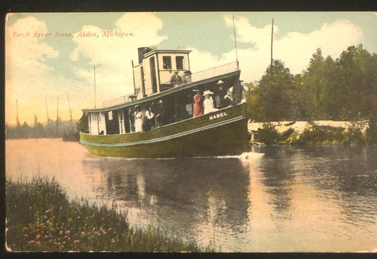 Torch River Scene - Alden, Michigan - Green 1 cent 1908 Geo. Washington Stamp - RARE 1908 Northern Michigan Post Card