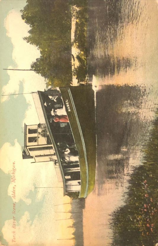 Torch River Scene - Alden, Michigan - Green 1 cent 1908 Geo. Washington Stamp - RARE 1908 Northern Michigan Post Card