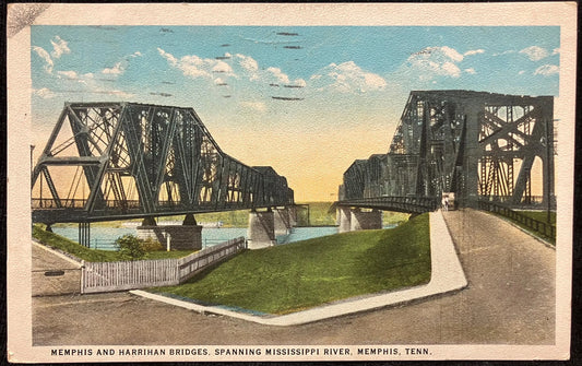 Memphis and Harrihan Bridges, Spanning the Mississippi River, Memphis, Tennessee - Vintage Bridge Postcard