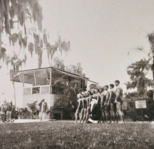 Santa Claus Posing with Bathing Beauties - Retro Mid Century Photograph  - 1955 Black and White Florida Photo - Swimmers Lined up by Height