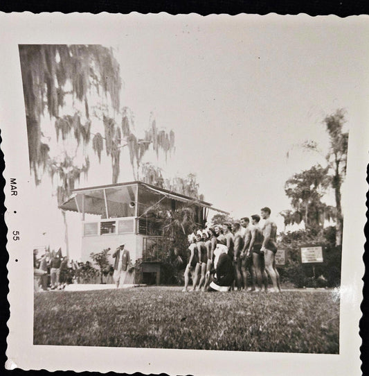 Santa Claus Posing with Bathing Beauties - Retro Mid Century Photograph  - 1955 Black and White Florida Photo - Swimmers Lined up by Height