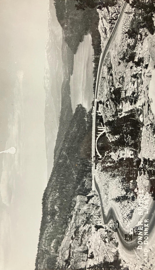 RPPC - Donner Bridge and Donner Lake - California - 5,955 Ft Elevation - Lake is 1.3 sq miles and 328 feet deep - 1920s Car in Photo