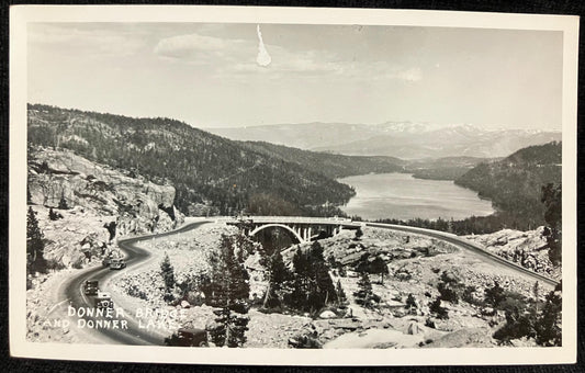RPPC - Donner Bridge and Donner Lake - California - 5,955 Ft Elevation - Lake is 1.3 sq miles and 328 feet deep - 1920s Car in Photo