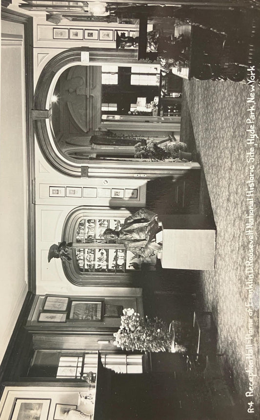 RPPC - Reception Hall Home of Franklin D. Roosevelt National Historic Site, Hyde Park, New York (note Bird Collection) - Bust of a young FDR