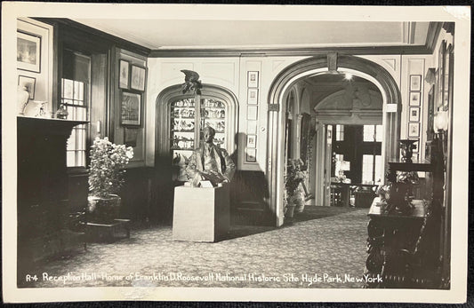 RPPC - Reception Hall Home of Franklin D. Roosevelt National Historic Site, Hyde Park, New York (note Bird Collection) - Bust of a young FDR