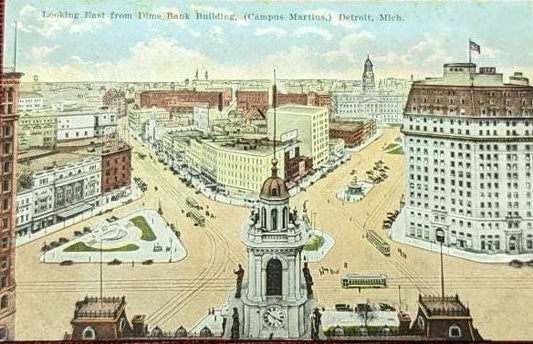 Looking East from Dime Bank Building, (Campus Martius) Detroit, Michigan - Vintage Postcard