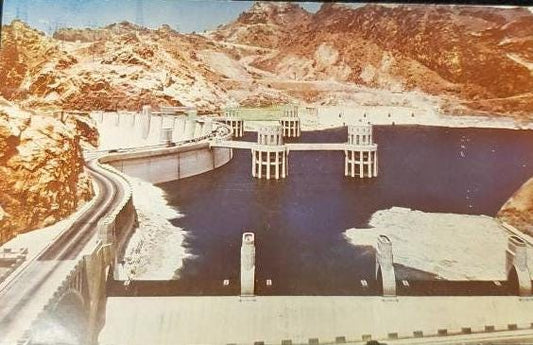View of Boulder Dam and Lake Mead in Arizona - Vintage Kodachrome Postcard
