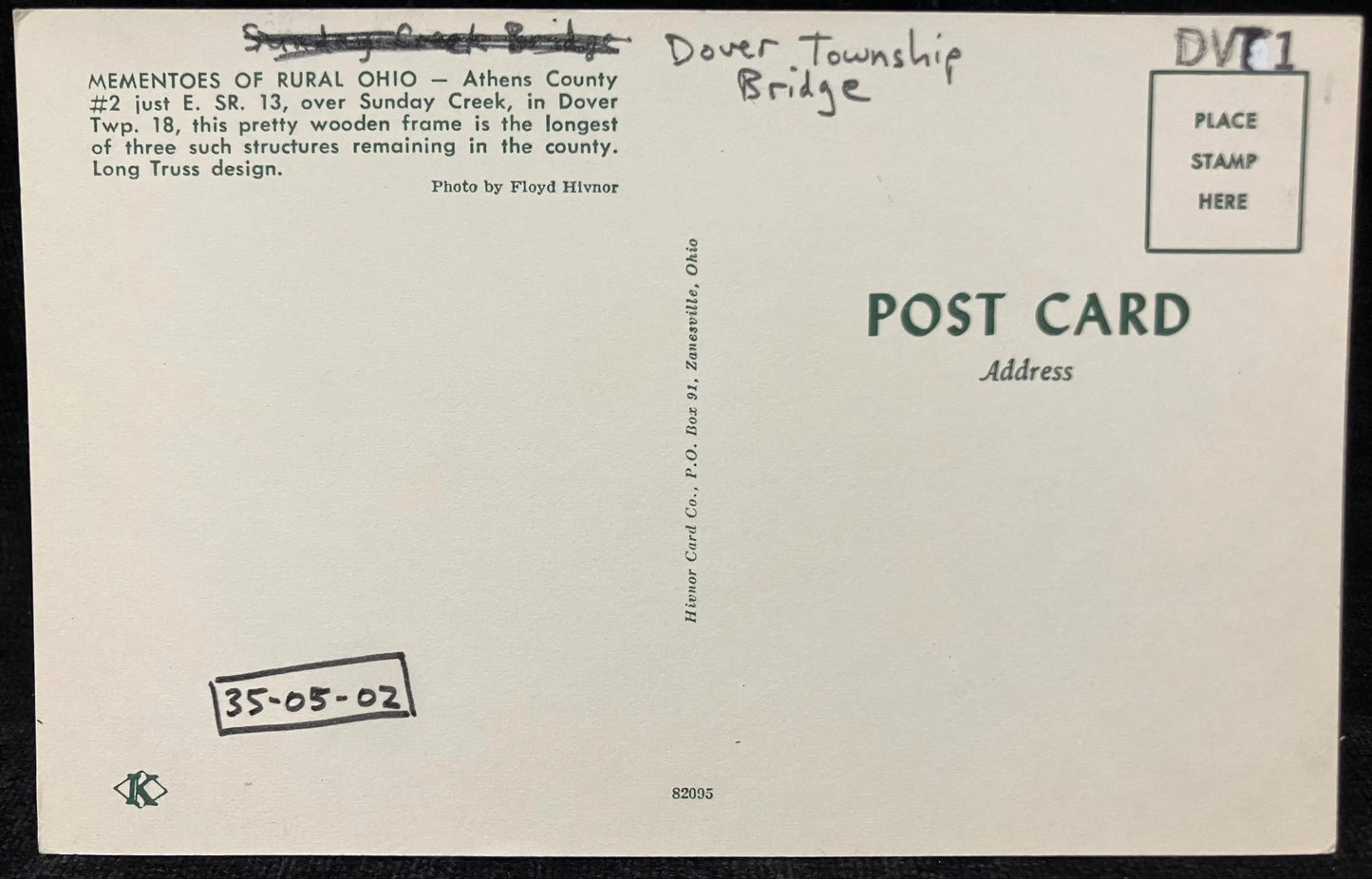 Covered Bridge in Athens County, Ohio - Dover Township Bridge - Photo: Floyd Hivnor - Vintage Covered Bridge Postcard