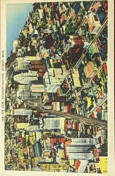 Bird's Eye View, Business Section, Detroit, Michigan - Linen postcard