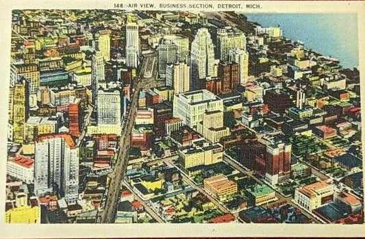 Bird's Eye View, Business Section, Detroit, Michigan - Linen postcard