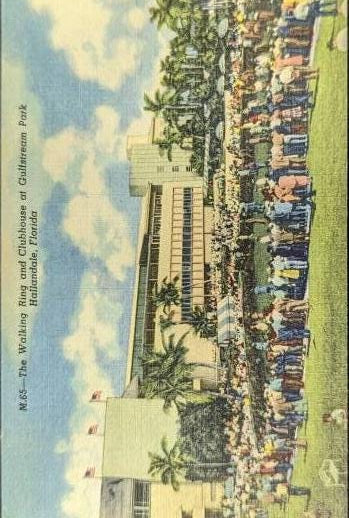 The Walking Ring and Clubhouse at Gulfstream Park - Hallandale, Florida - 1952 Linen Postcard