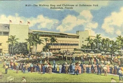 The Walking Ring and Clubhouse at Gulfstream Park - Hallandale, Florida - 1952 Linen Postcard