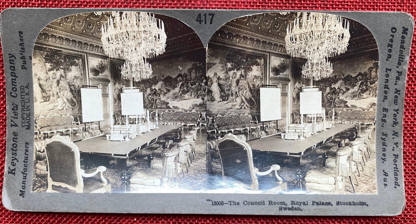 The Council Room - Royal Palace - Stockholm, Sweden - Vintage Stereoview Card - 1920s Educational Series